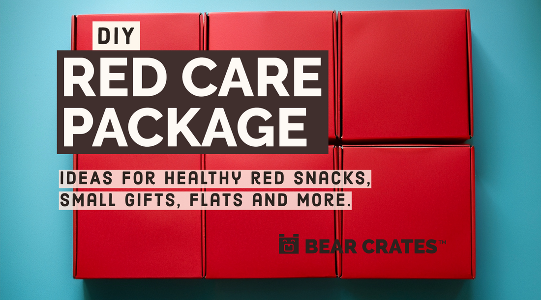 DIY Red Care Package Ideas Blog Image with Red Boxes