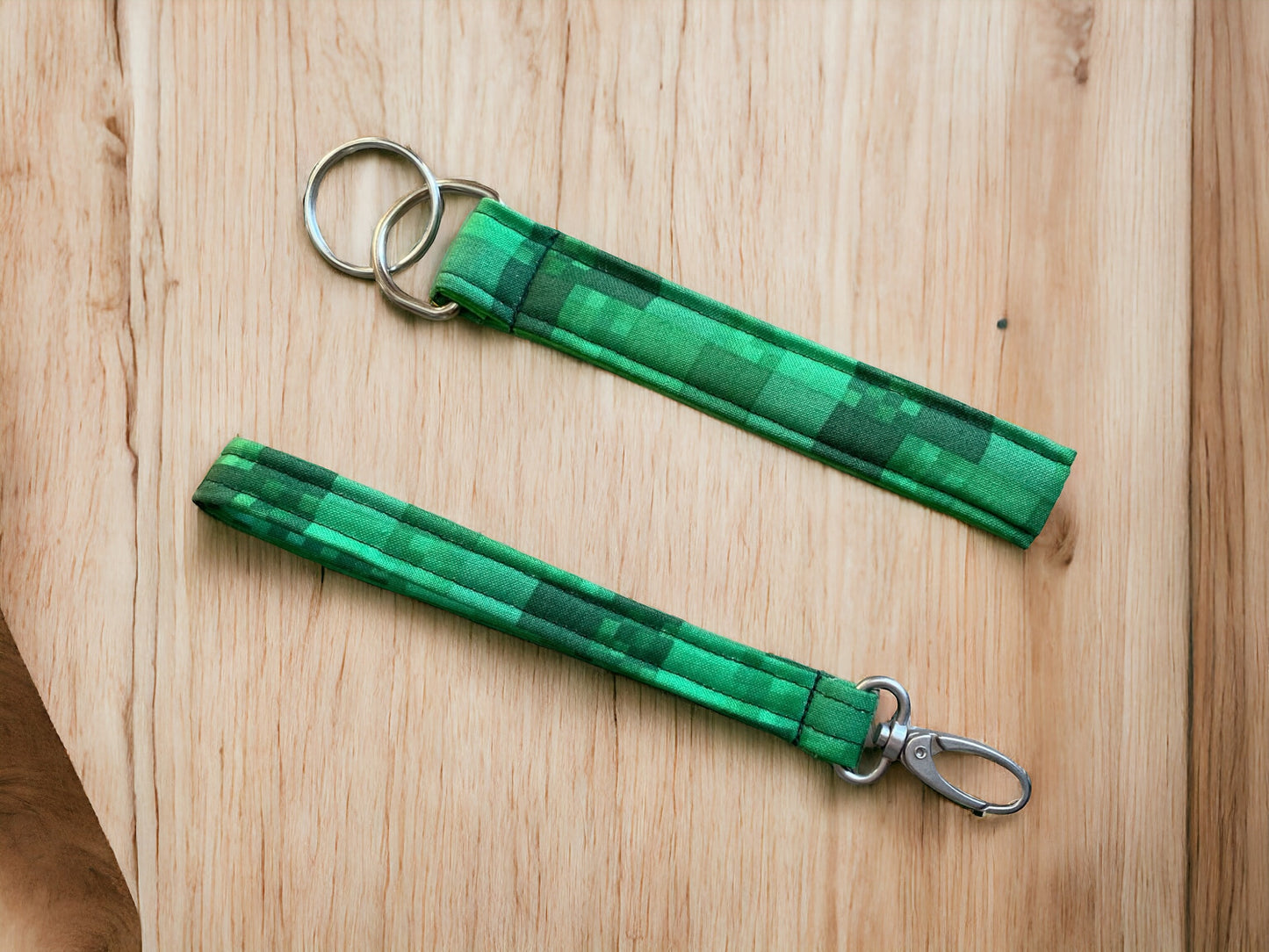 Green Keychain Wristlets with Pixel Fabric that Resembles Sweeper from Minecraft