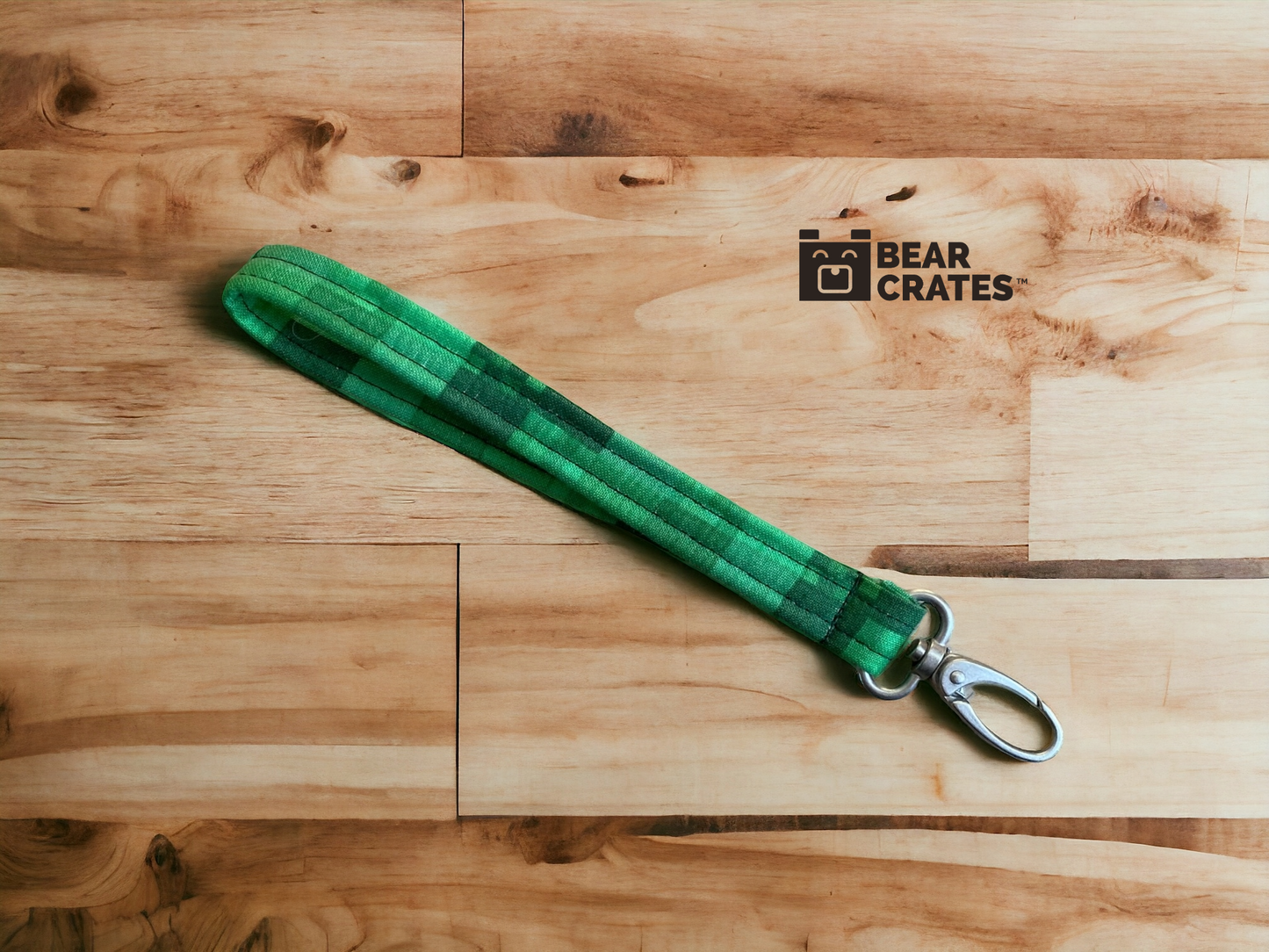 Green Keychain Wristlets with Pixel Fabric that Resembles Sweeper from Minecraft