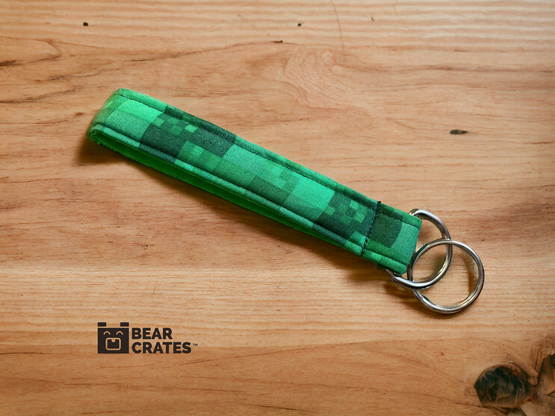 Green Keychain Wristlets with Pixel Fabric that Resembles Sweeper from Minecraft