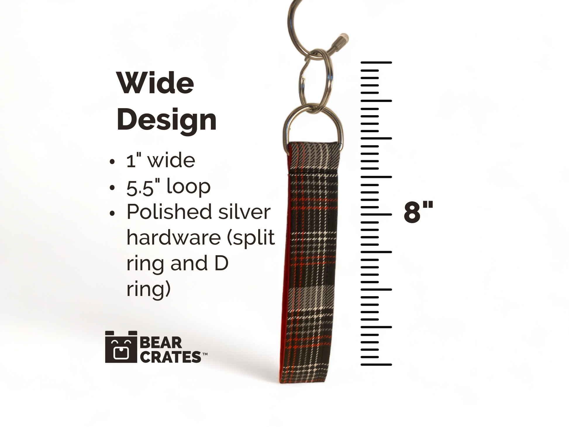 Wide Design Details for Plaid Fabric Key or Fob Wristlet with Silver Hardware