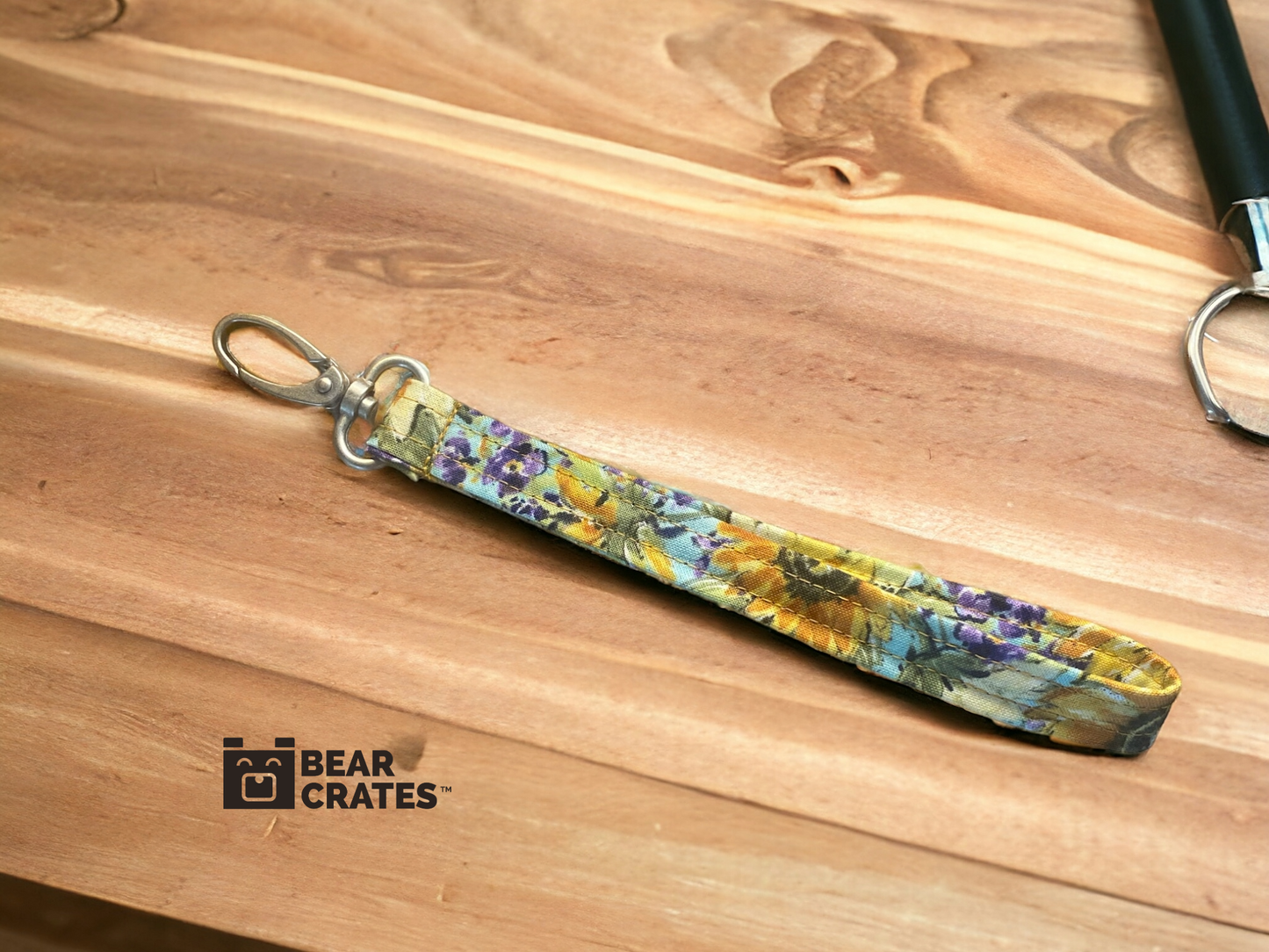 Thin Style Stunning Fabric Key or Fob Wristlet with Sunflower Fabric and Silver Hardware