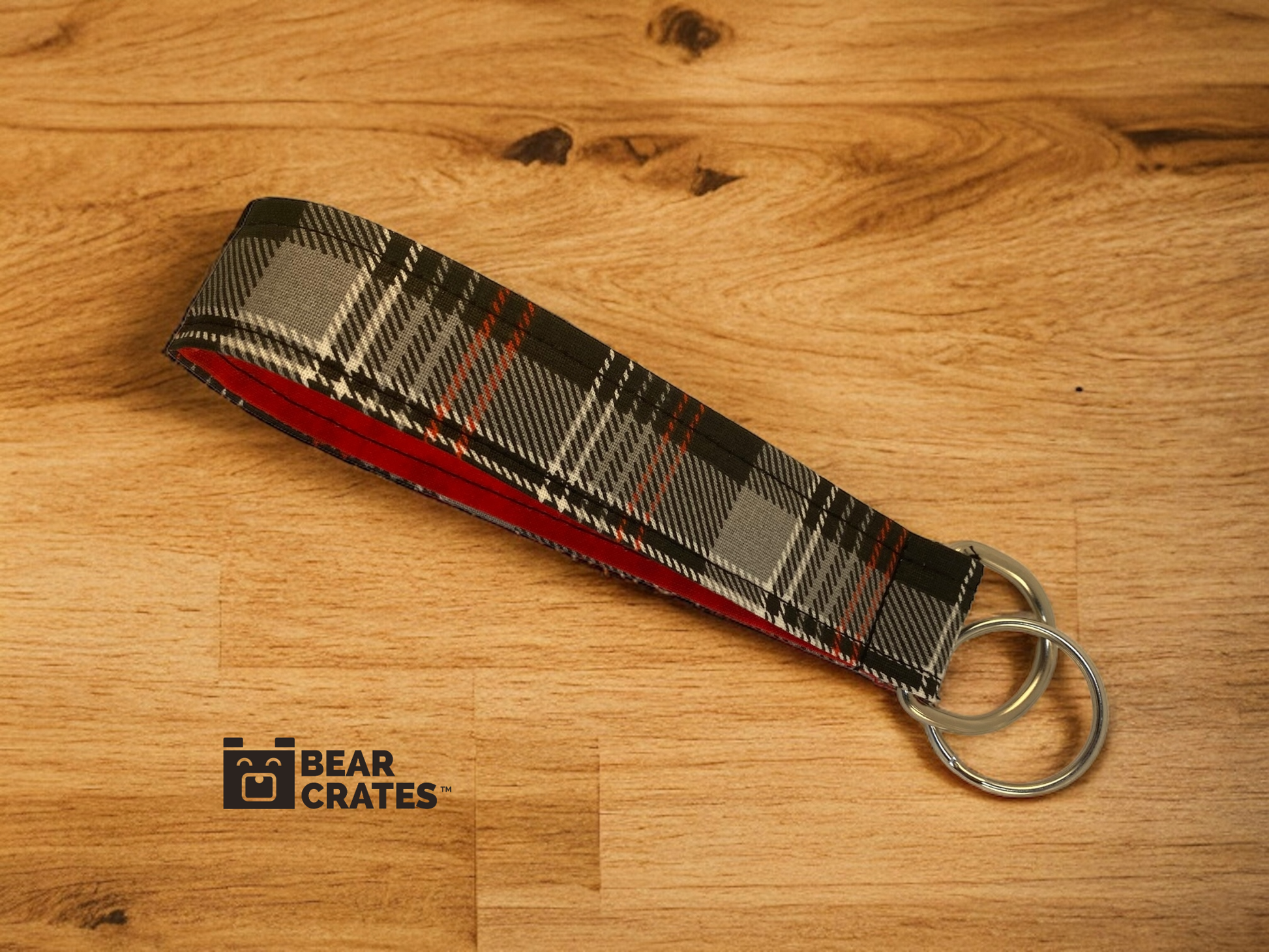 Wide Style Plaid Fabric Key or Fob Wristlet with Silver Hardware