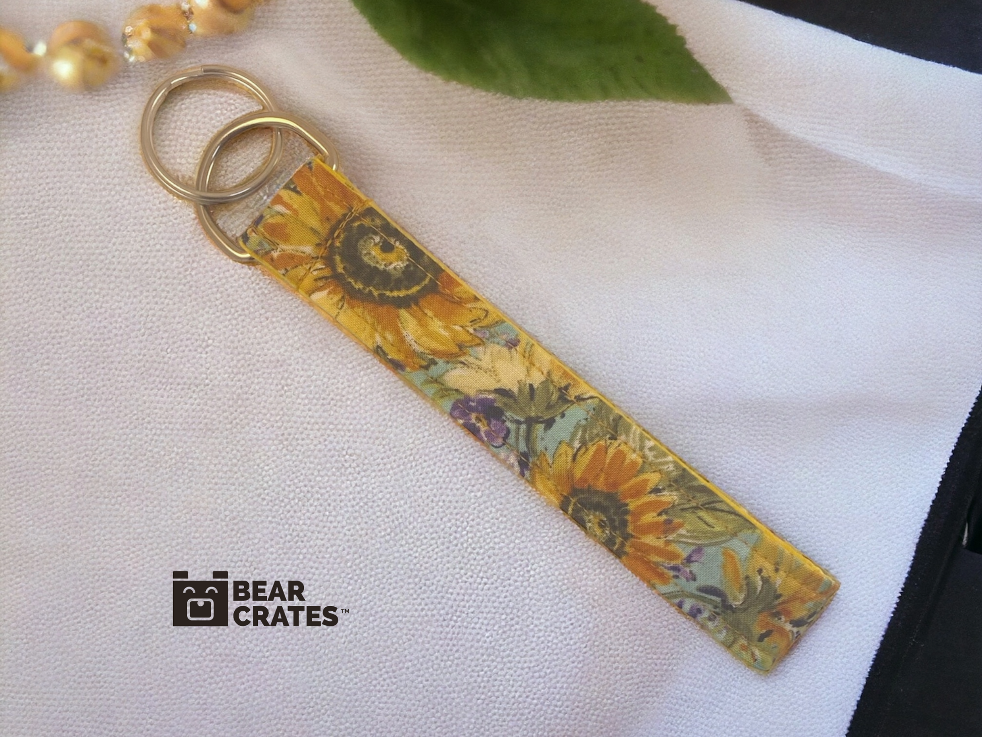 Wide Style Stunning Fabric Key or Fob Wristlet with Sunflower Fabric and Silver Hardware