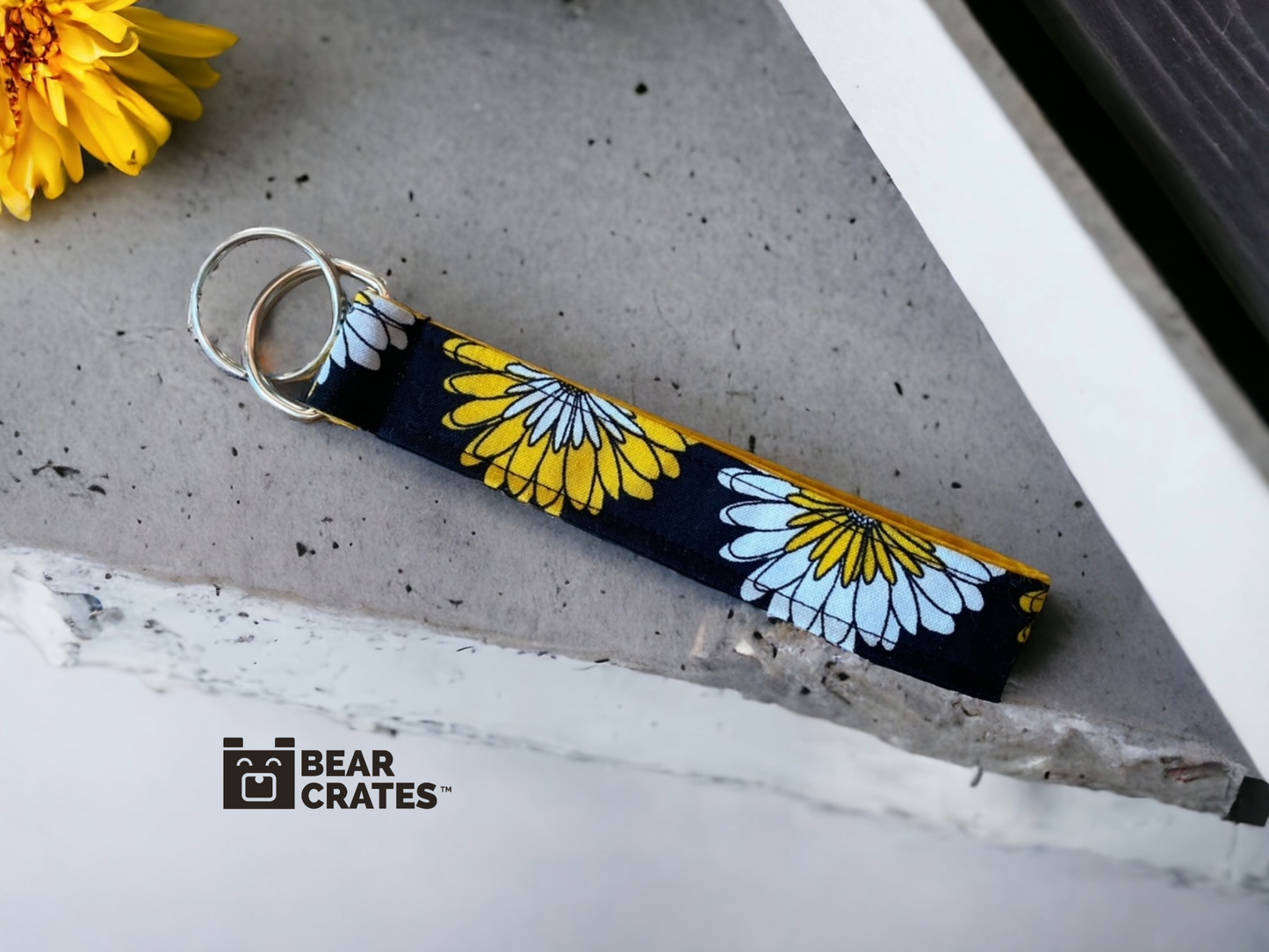 Wide Design Black & Yellow Keychain Wristlet with Flowers