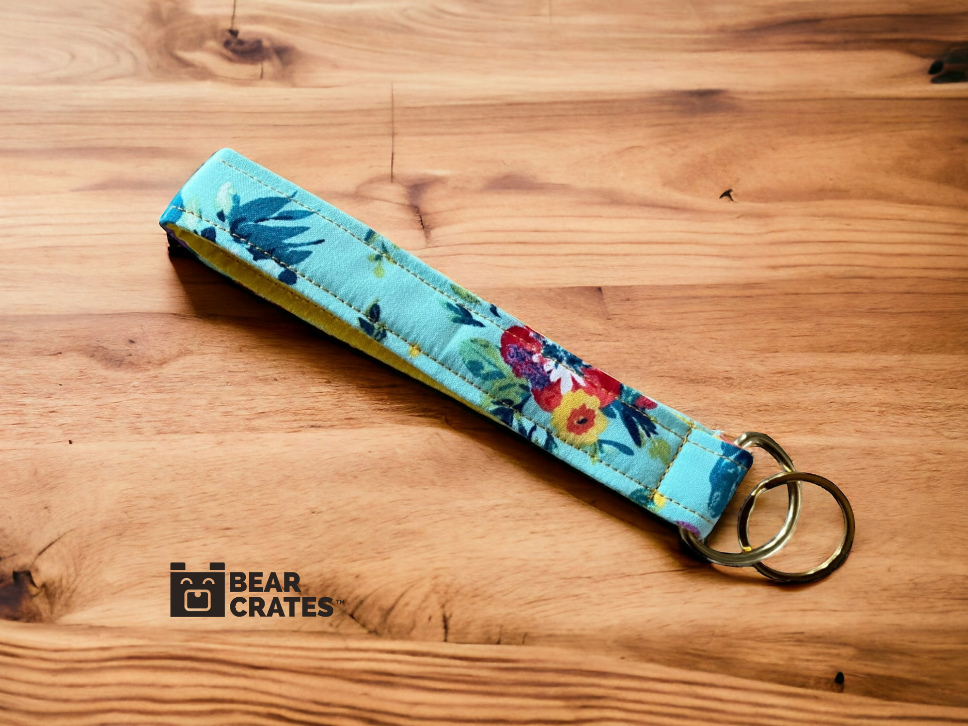 Colorful Blue Floral Keychain Wristlet with Yellow Metal Hardware