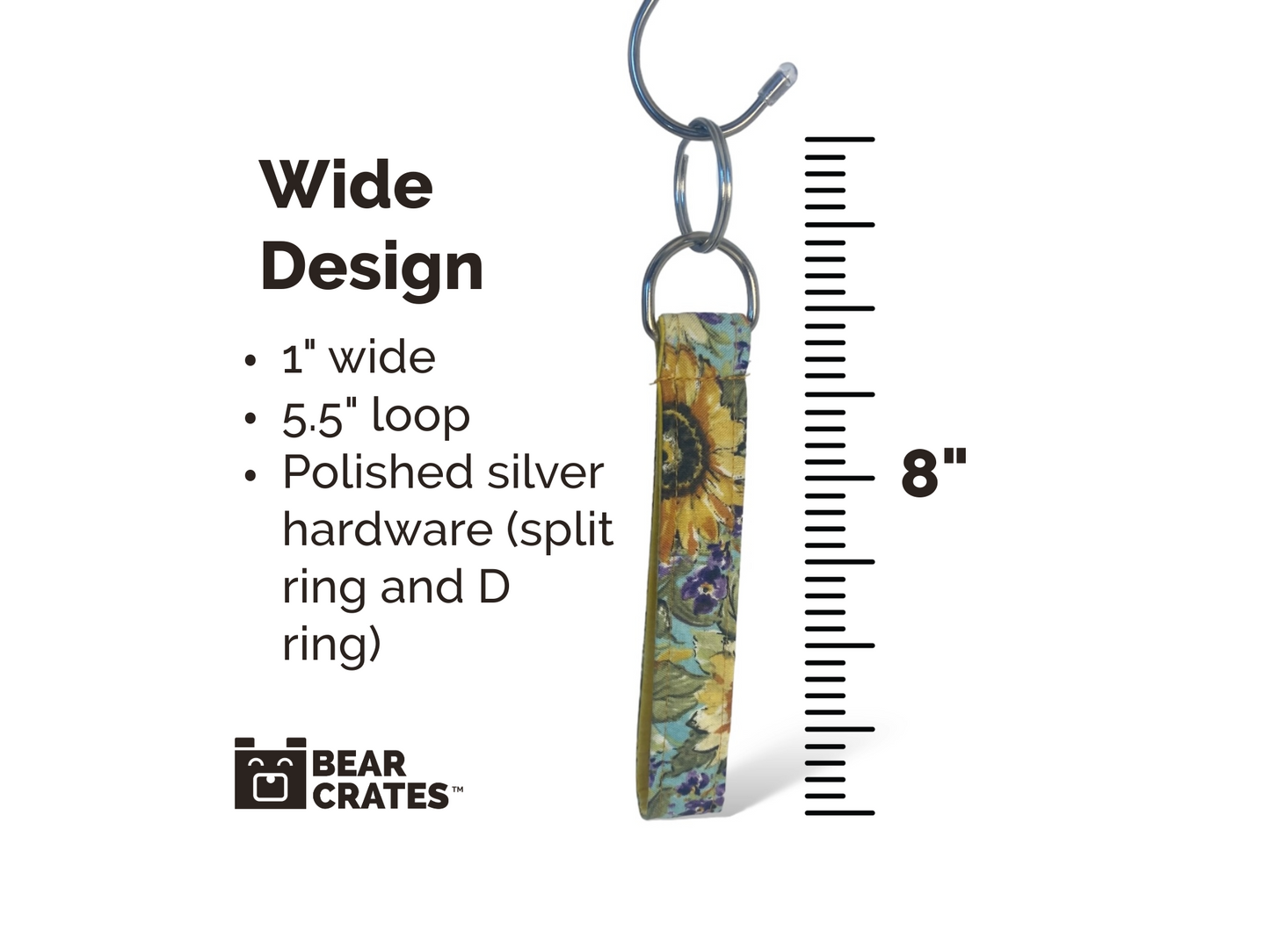 Size information for Stunning Fabric Key or Fob Wristlet with Sunflower Fabric and Silver Hardware