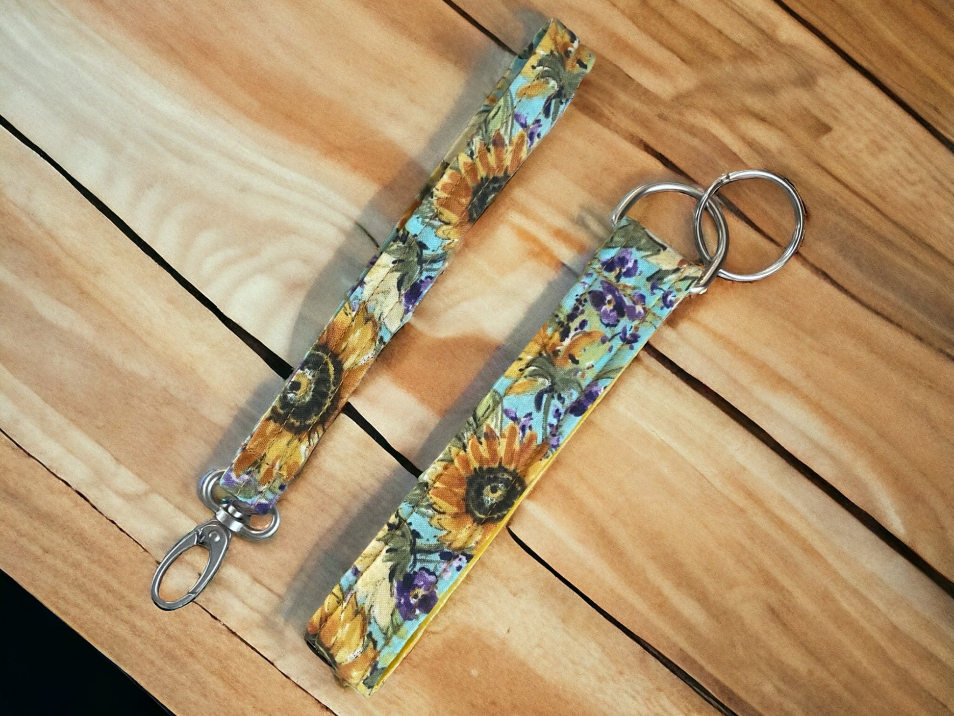 Stunning Fabric Key or Fob Wristlet with Sunflower Fabric and Silver Hardware