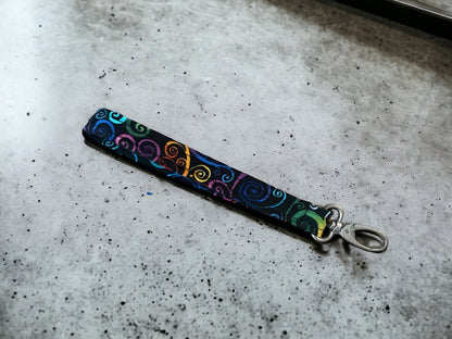 Thin Style Colorful Wristlet for Key or Fob, Rainbow Swirl Fabric with Silver Metal Hardware