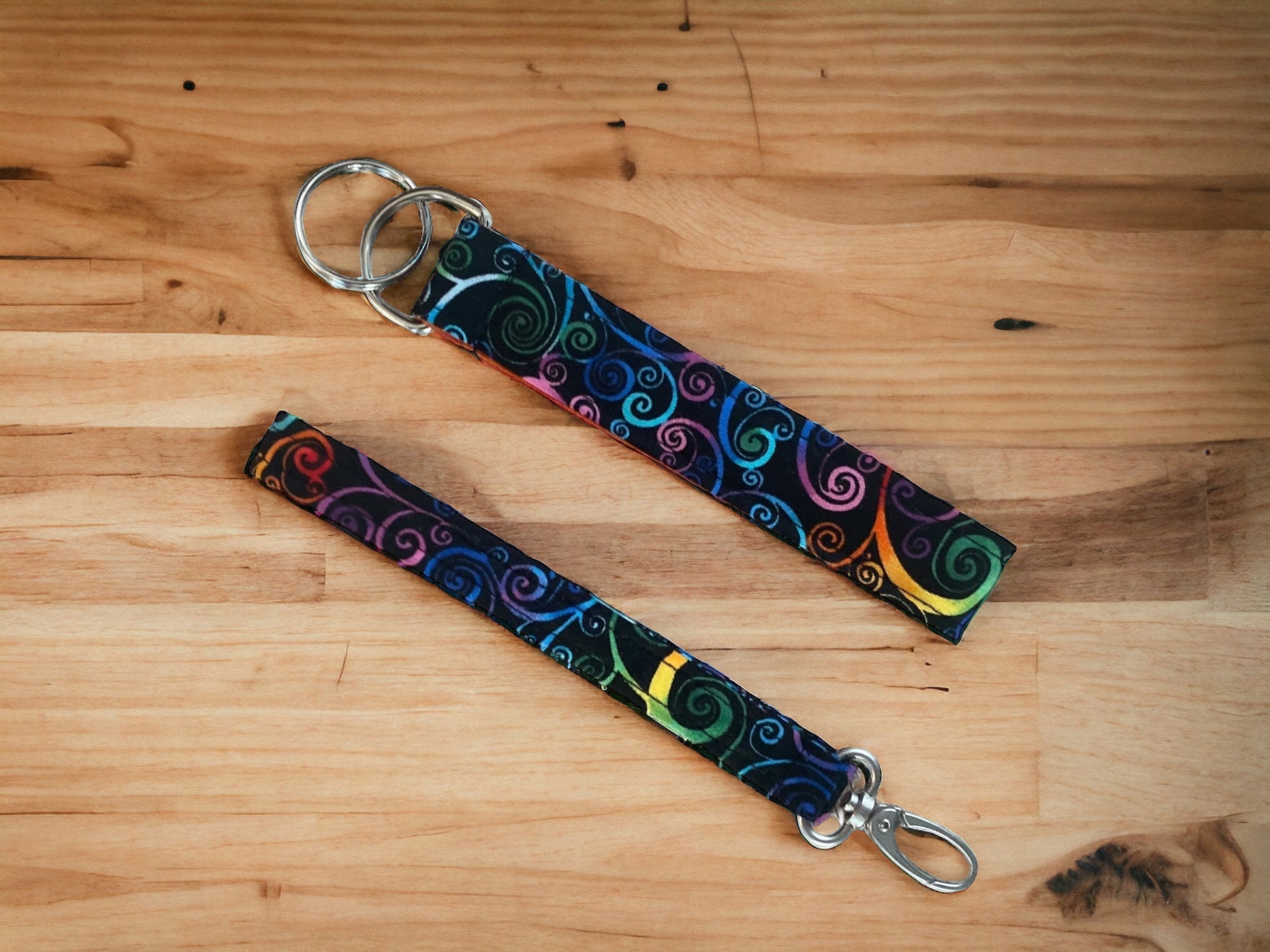 Colorful Wristlet for Key or Fob, Rainbow Swirl Fabric with Silver Metal Hardware