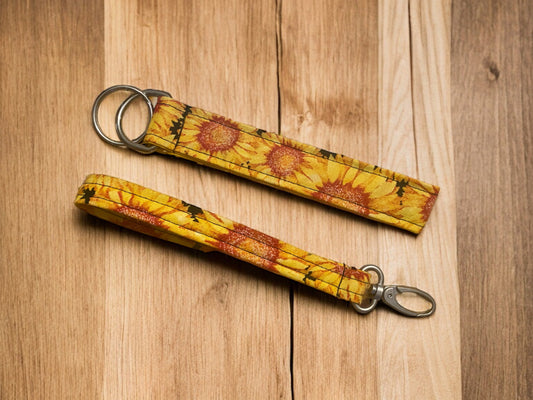 Sunflower Fabric Key or Fob Wristlet with Silver Hardware