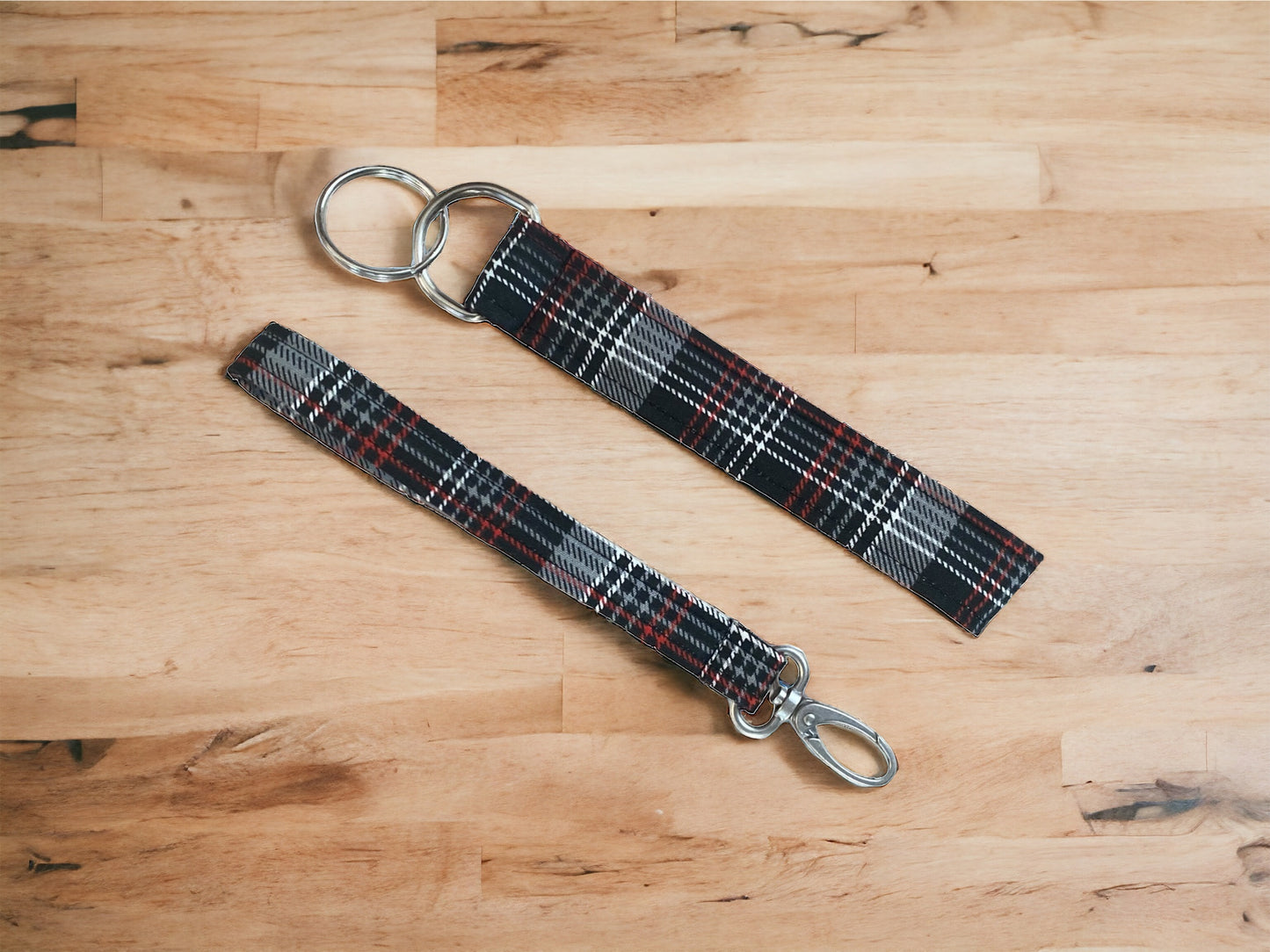 Plaid Fabric Key or Fob Wristlet with Silver Hardware