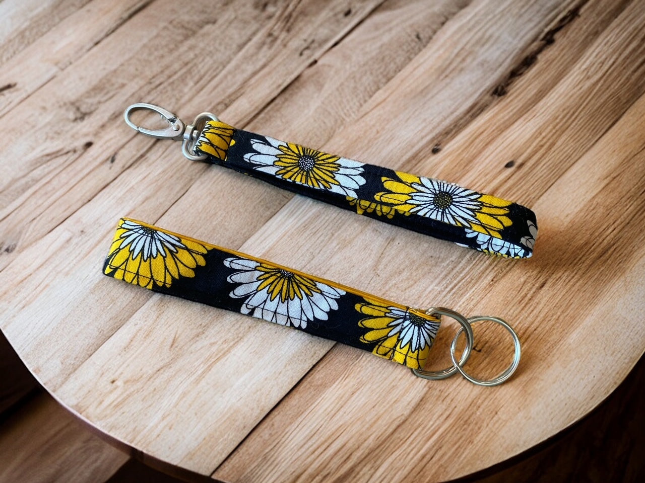 Black and Yellow Floral Keychain Wristlet for Keys or Fob